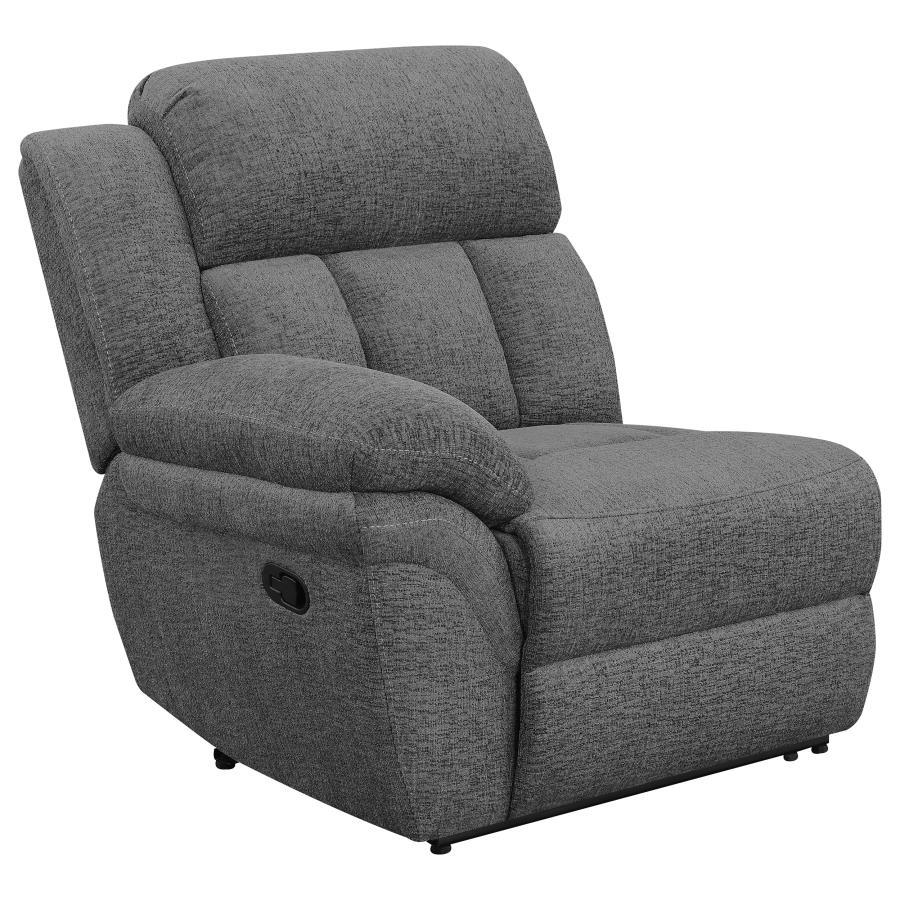 Create the perfect retreat from the world, prioritizing comfort with this transitional reclining loveseat. Charcoal upholstery is smooth and soft, creating a stylish addition to your living room or den. Between the recliners is a center storage console wi