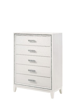 Classic design with touches of modern aspects makes this Haiden Chest ideal for any bedroom. The piece offers a rectangular tabletop and five storage drawers for displaying or organizing. It also features a glamorous shimmering silver accent trim that add