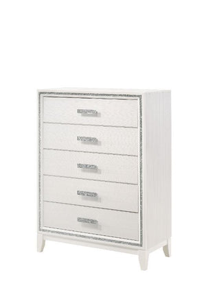 Classic design with touches of modern aspects makes this Haiden Chest ideal for any bedroom. The piece offers a rectangular tabletop and five storage drawers for displaying or organizing. It also features a glamorous shimmering silver accent trim that add