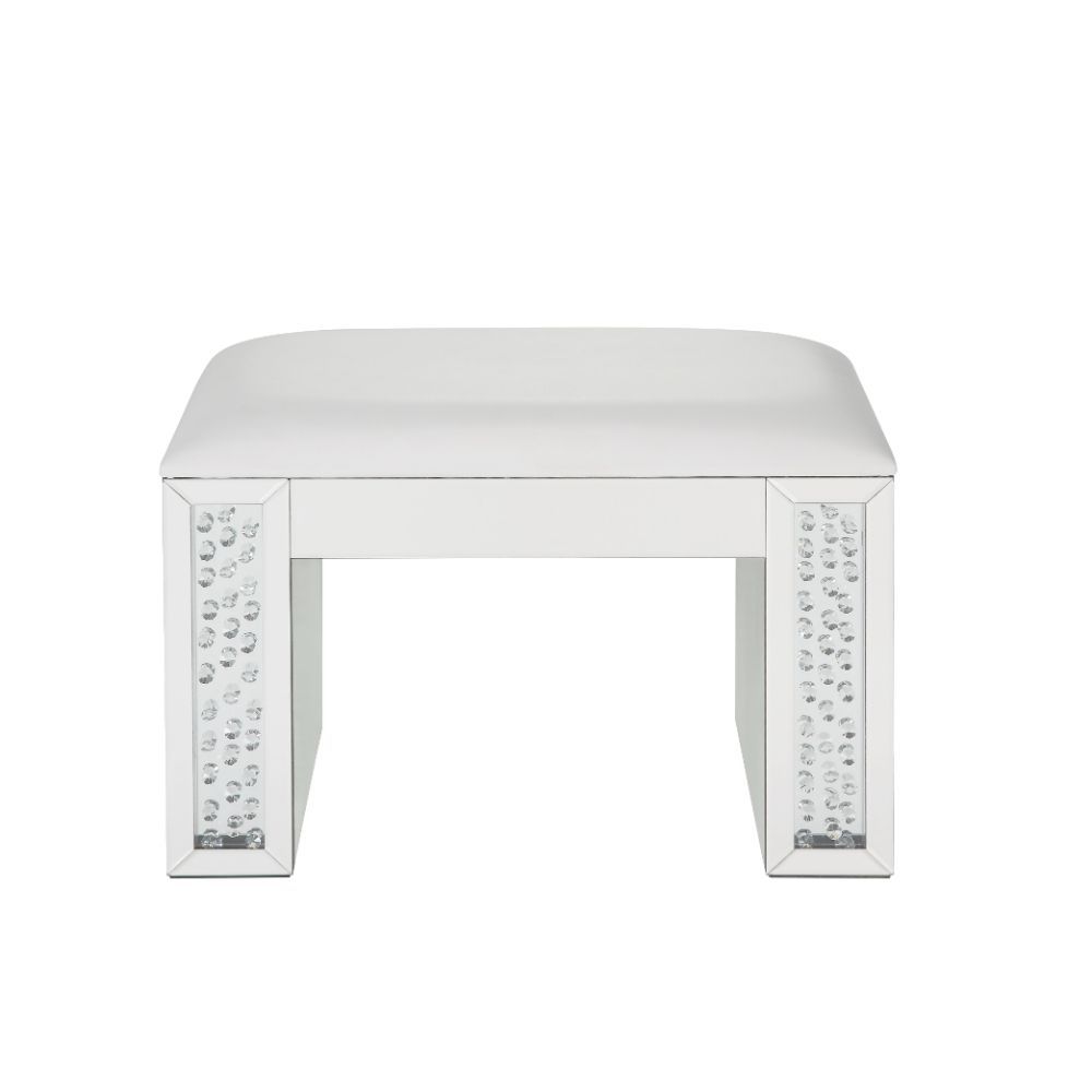 Assambled, Rectangular Armless Stool (Backless) â€¢ NO Storage (Open Base) â€¢ Stationary Seat â€¢ Padded Seat: PU Cushion â€¢ Beveled Mirrored Finish, Clear Glass with Faux Crystal Inlay â€¢â€¢ CONSTRUCTION â€¢â€¢ Mirrored Seat Apron: Beveled Mirror, MDF