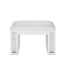 Assambled, Rectangular Armless Stool (Backless) â€¢ NO Storage (Open Base) â€¢ Stationary Seat â€¢ Padded Seat: PU Cushion â€¢ Beveled Mirrored Finish, Clear Glass with Faux Crystal Inlay â€¢â€¢ CONSTRUCTION â€¢â€¢ Mirrored Seat Apron: Beveled Mirror, MDF