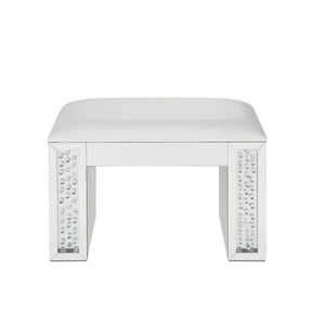 Assambled, Rectangular Armless Stool (Backless) â€¢ NO Storage (Open Base) â€¢ Stationary Seat â€¢ Padded Seat: PU Cushion â€¢ Beveled Mirrored Finish, Clear Glass with Faux Crystal Inlay â€¢â€¢ CONSTRUCTION â€¢â€¢ Mirrored Seat Apron: Beveled Mirror, MDF