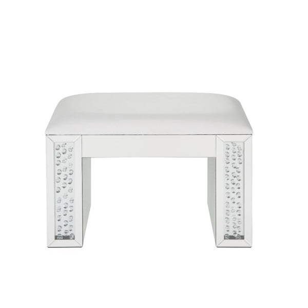 Assambled, Rectangular Armless Stool (Backless) â€¢ NO Storage (Open Base) â€¢ Stationary Seat â€¢ Padded Seat: PU Cushion â€¢ Beveled Mirrored Finish, Clear Glass with Faux Crystal Inlay â€¢â€¢ CONSTRUCTION â€¢â€¢ Mirrored Seat Apron: Beveled Mirror, MDF