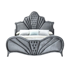 This fully padded gray velvet bedroom set is visually stunning, including beautiful channel tufting and contrasting welted trim arched head and footboards. Upholstered casegoods maintain the ambiance of this chic bedroom. Incorporating padded fronts, tape