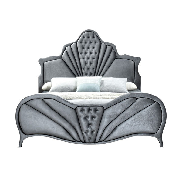 This fully padded gray velvet bedroom set is visually stunning, including beautiful channel tufting and contrasting welted trim arched head and footboards. Upholstered casegoods maintain the ambiance of this chic bedroom. Incorporating padded fronts, tape