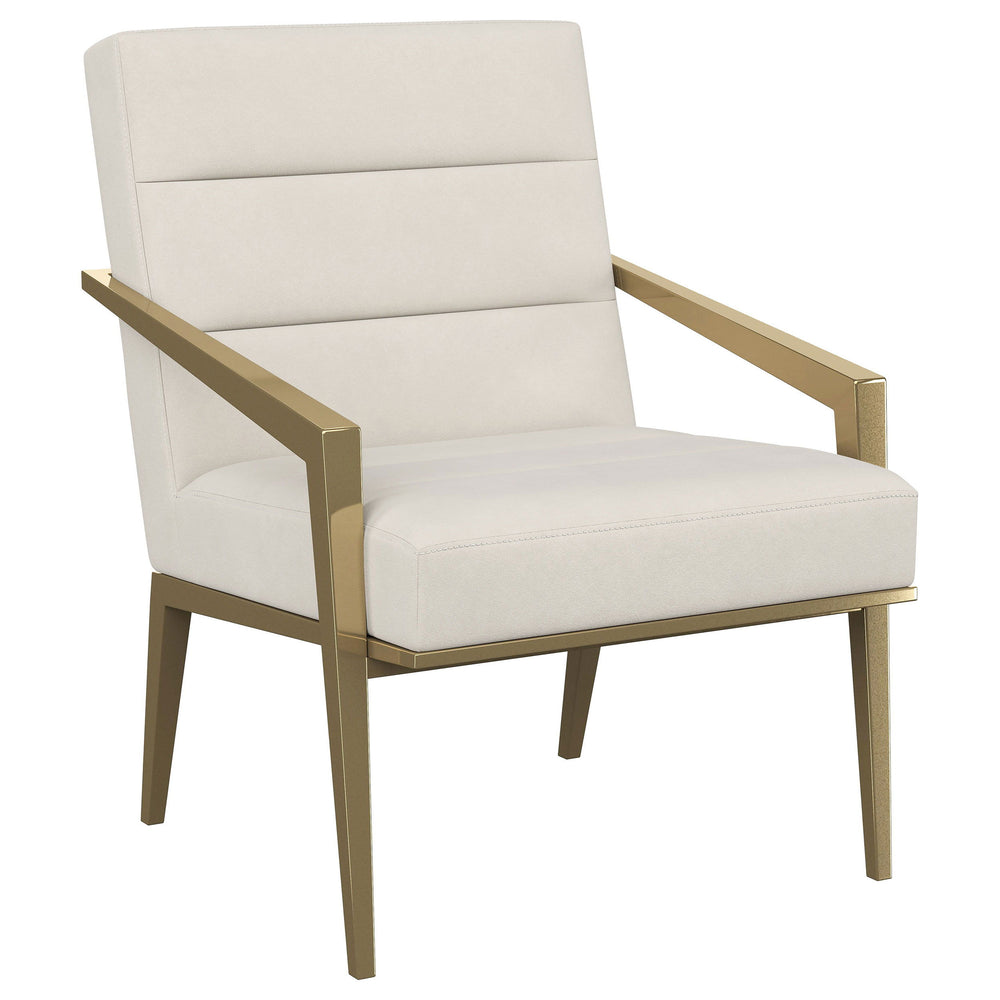 Restrained, modern style meets elegant artistry in a striking contemporary armchair. Designed to stand out, it boasts an upholstered seat and back with a metal frame and arms. The streamlined look receives a gleaming gold finish, adding sophistication any
