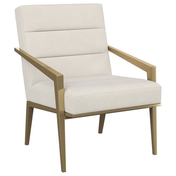 Restrained, modern style meets elegant artistry in a striking contemporary armchair. Designed to stand out, it boasts an upholstered seat and back with a metal frame and arms. The streamlined look receives a gleaming gold finish, adding sophistication any