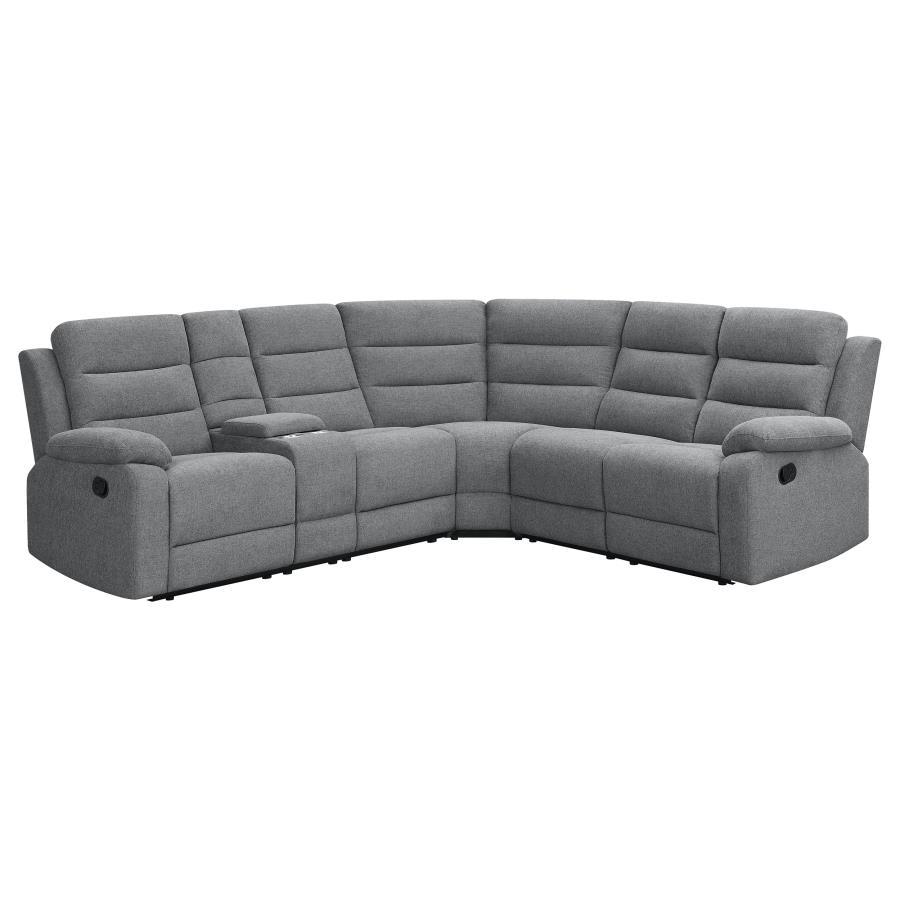 Wrapped in cool smoke color performance linen-like fabric, this modern three-piece motion sofa sectional creates a comfy venue for hosting large groups or intimate gatherings. Relax on a sofa offering manual reclining features and a wall-hugger design tha