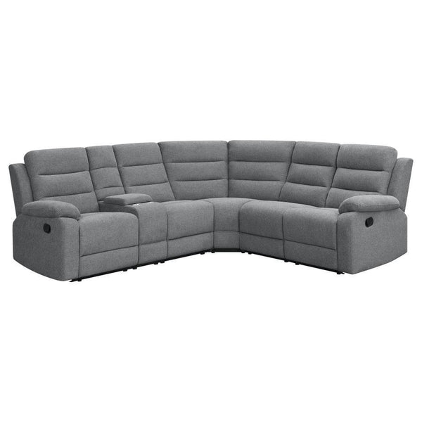 Wrapped in cool smoke color performance linen-like fabric, this modern three-piece motion sofa sectional creates a comfy venue for hosting large groups or intimate gatherings. Relax on a sofa offering manual reclining features and a wall-hugger design tha