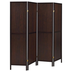 Rich and deep, this four-panel screen emits a classic aura. The sleek legs feature a dark finish that complements the wood with structure. An exposed wood grain is given depth with a tobacco finish. Classic in color and silhouette, the panels add a rugged