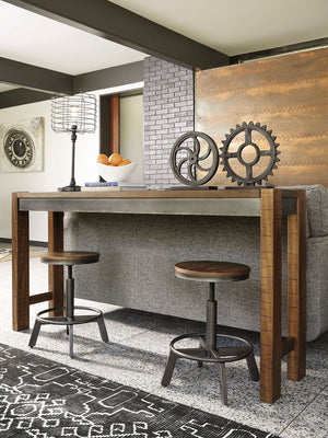 Table and stool seat are constructed with Acacia veneer over engineered wood and mixed solid wood. Urban contemporary design features a two-tone finish scheme. Table top and D440-024 stool seat are finished in a distressed light rum colored finish. Table 