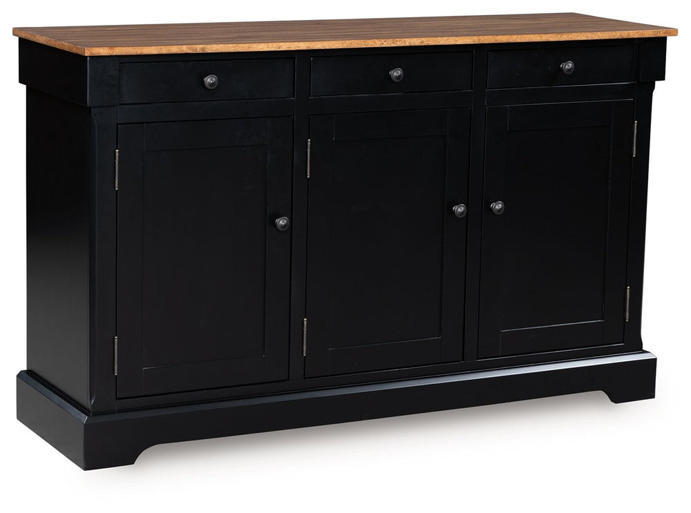 Raise the bar on modern farmhouse style with this dining buffet. Its handsome good looks are accentuated with a two-tone finish and a casual butcher block veneer top. The sturdy silhouette adds a hearty element, whether your style is vintage, country or e