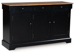Raise the bar on modern farmhouse style with this dining buffet. Its handsome good looks are accentuated with a two-tone finish and a casual butcher block veneer top. The sturdy silhouette adds a hearty element, whether your style is vintage, country or e