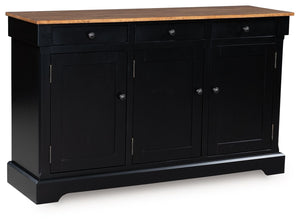 Raise the bar on modern farmhouse style with this dining buffet. Its handsome good looks are accentuated with a two-tone finish and a casual butcher block veneer top. The sturdy silhouette adds a hearty element, whether your style is vintage, country or e