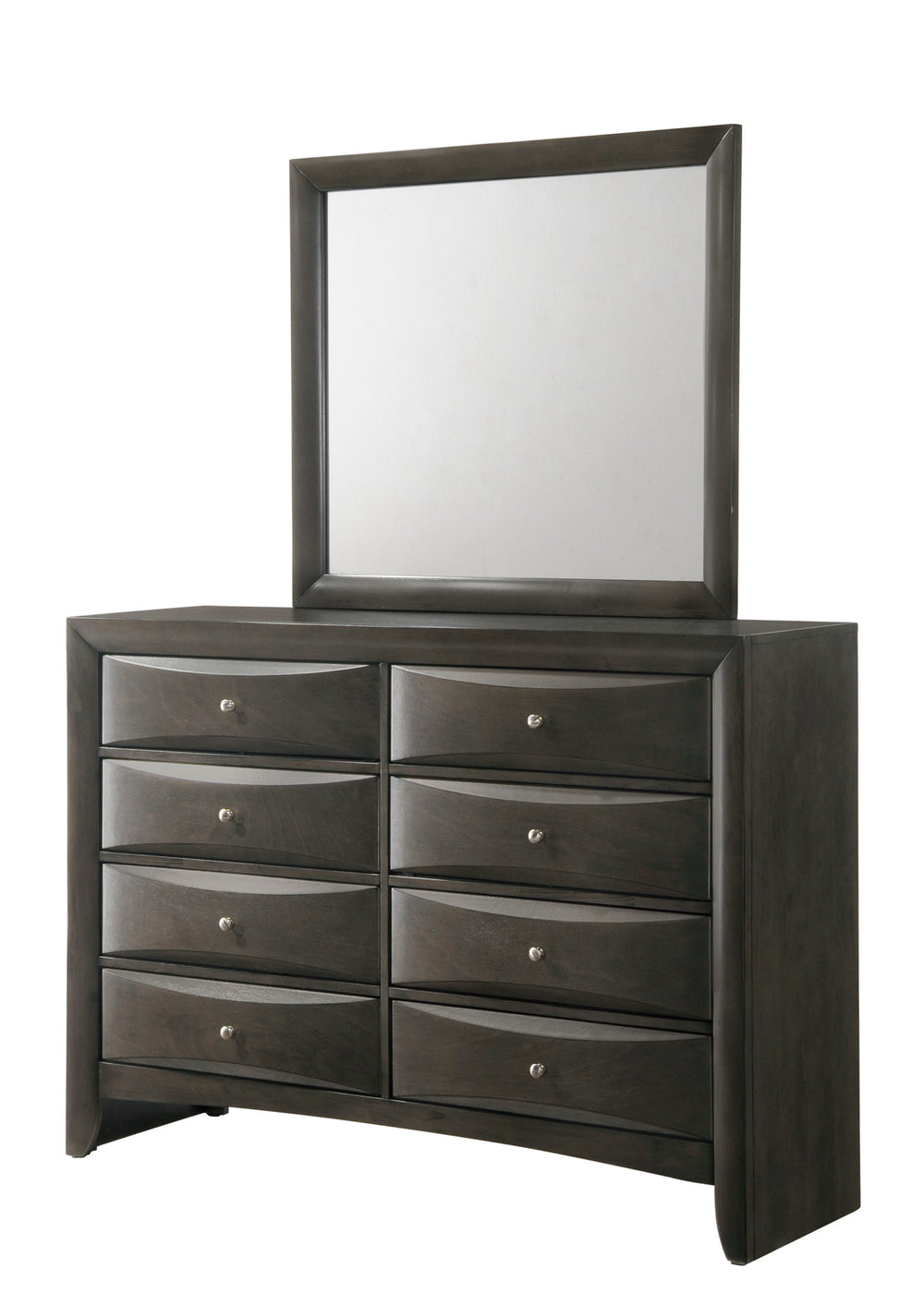 Experience timeless elegance with this sophisticated bedroom suite, exuding a rich gray finish that enhances its robust and stately form. At the heart of the ensemble is a captain-'s bed graced with an innovatively designed headboard, boasting integrated 