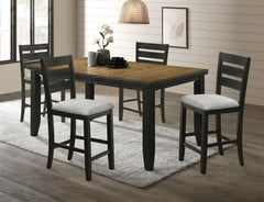 Create a warm and inviting dining space with this beautifully crafted counter-height dining group, perfect for both casual meals and entertaining. The striking two-tone design features a rich, warm woodgrain tabletop that contrasts elegantly with the bold