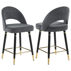 This set of two counter height stools features an elegant bucket style seat that lends a retro-inspired Mid Century modern look. Each stool offers long-lasting, supportive seats for each guest, wrapped in faux leather upholstery that complements numerous 