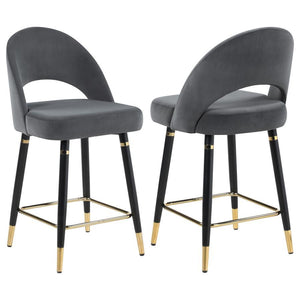 This set of two counter height stools features an elegant bucket style seat that lends a retro-inspired Mid Century modern look. Each stool offers long-lasting, supportive seats for each guest, wrapped in faux leather upholstery that complements numerous 