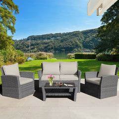 Includes 2 armchairs  1 loveseat and 1 coffee table for versatile use<br>Sturdy power coated steel frame provides strong durability and stability<br>Thick tempered glass tabletop to hold your drinks  meals and more<br>Coffee table with a spacious shelf pr