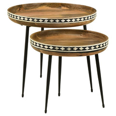 Exquisite inlaid bone creates an artisan touch on this pair of boho nesting tables. Crafted from beautiful, warm mango wood, each table features a round tray style top that creates a home for decor and a place to set refreshments. The inlaid pattern highl