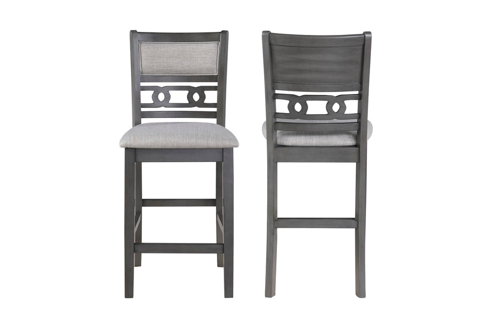 Enhance your dining room with this set of 2 New Classic Gia Counter Chairs in a sophisticated gray finish. Crafted from solid Rubberwood and Mindi veneers, these chairs combine durability with timeless beauty. The contemporary gray finish, enriched by a c