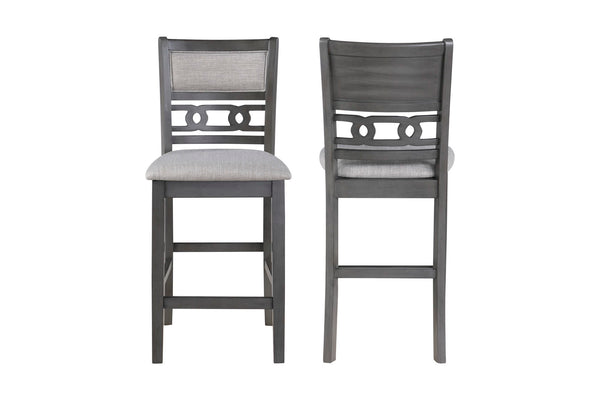 Enhance your dining room with this set of 2 New Classic Gia Counter Chairs in a sophisticated gray finish. Crafted from solid Rubberwood and Mindi veneers, these chairs combine durability with timeless beauty. The contemporary gray finish, enriched by a c