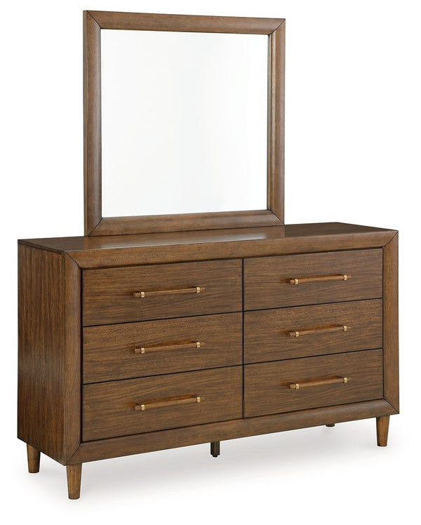 This dresser with mirror is perfect for contemporary or mid-century interiors. Its wood-tone finish is versatile and timeless. The drawers, designed with exquisite framing and elongated wooden pulls, enhance the overall aesthetic. Whether you want to refr