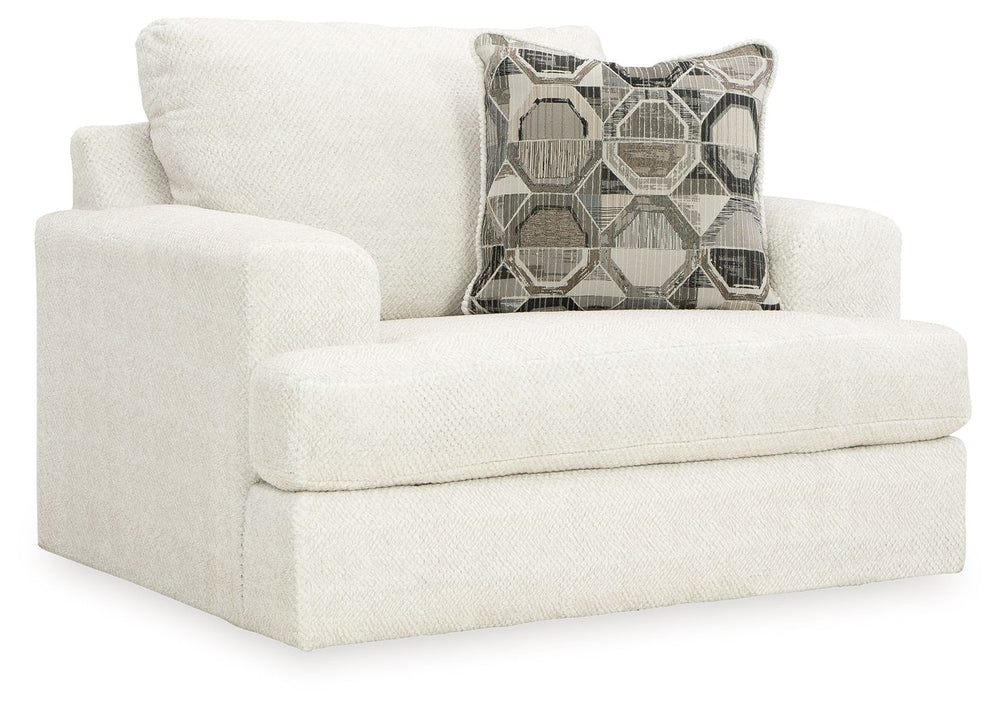 Craving casual refinement? This oversized chair has you covered. The decidedly contemporary frame cradles sizable cushions in an ultra-soft neutral hue, lightening the mood in your living room with simple style and everyday comfort. A geometric accent pil