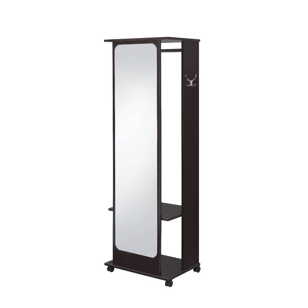 Rectangular Hall Tree â€¢ Storage: 2 Open Compartment (Top with Hanging Rod) â€¢ Wooden Open Frame and Mirrored Back Panel â€¢ Base with Caster Wheels<br/><br/><b>Product Features</b><ul><li>Rectangular Hall Tree</li><li>Storage: 2 Open Compartment (Top w