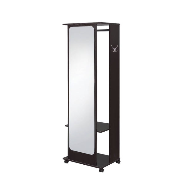 Rectangular Hall Tree â€¢ Storage: 2 Open Compartment (Top with Hanging Rod) â€¢ Wooden Open Frame and Mirrored Back Panel â€¢ Base with Caster Wheels<br/><br/><b>Product Features</b><ul><li>Rectangular Hall Tree</li><li>Storage: 2 Open Compartment (Top w