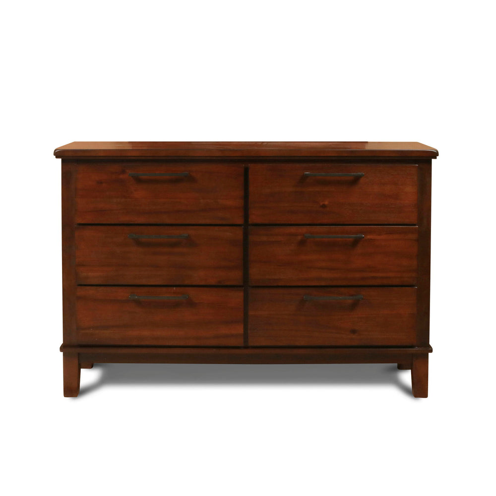 The Cagney 6-Drawer Dresser in Chestnut Brown is a masterful combination of strength, elegance, and functionality, designed to enhance any bedroom space. This dresser is meticulously constructed from solid Rubberwood, premium engineered woods, and authent