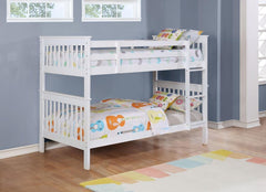 Crisp lines and colors make this classic bunk bed perfect for a multi-functional space. Save room with the built-in ladder and sturdy guard rail. Crafted of solid pine, the sleek lines in the silhouette are supportive and offer enough room for under-the-b