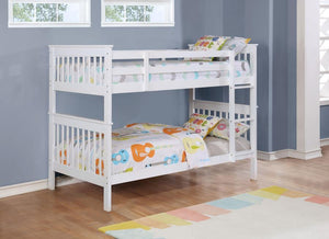 Crisp lines and colors make this classic bunk bed perfect for a multi-functional space. Save room with the built-in ladder and sturdy guard rail. Crafted of solid pine, the sleek lines in the silhouette are supportive and offer enough room for under-the-b