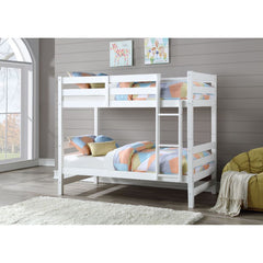 Give your children a space of their own with the Ronnie bunkbed. This unique twin over twin wooden bunk bed features full guardrails, a built-in rail ladder in a rich dark espresso or classic white finish. This artistically imagined bed is expertly design