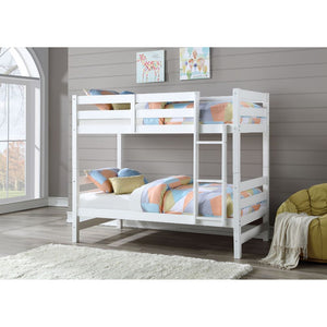 Give your children a space of their own with the Ronnie bunkbed. This unique twin over twin wooden bunk bed features full guardrails, a built-in rail ladder in a rich dark espresso or classic white finish. This artistically imagined bed is expertly design