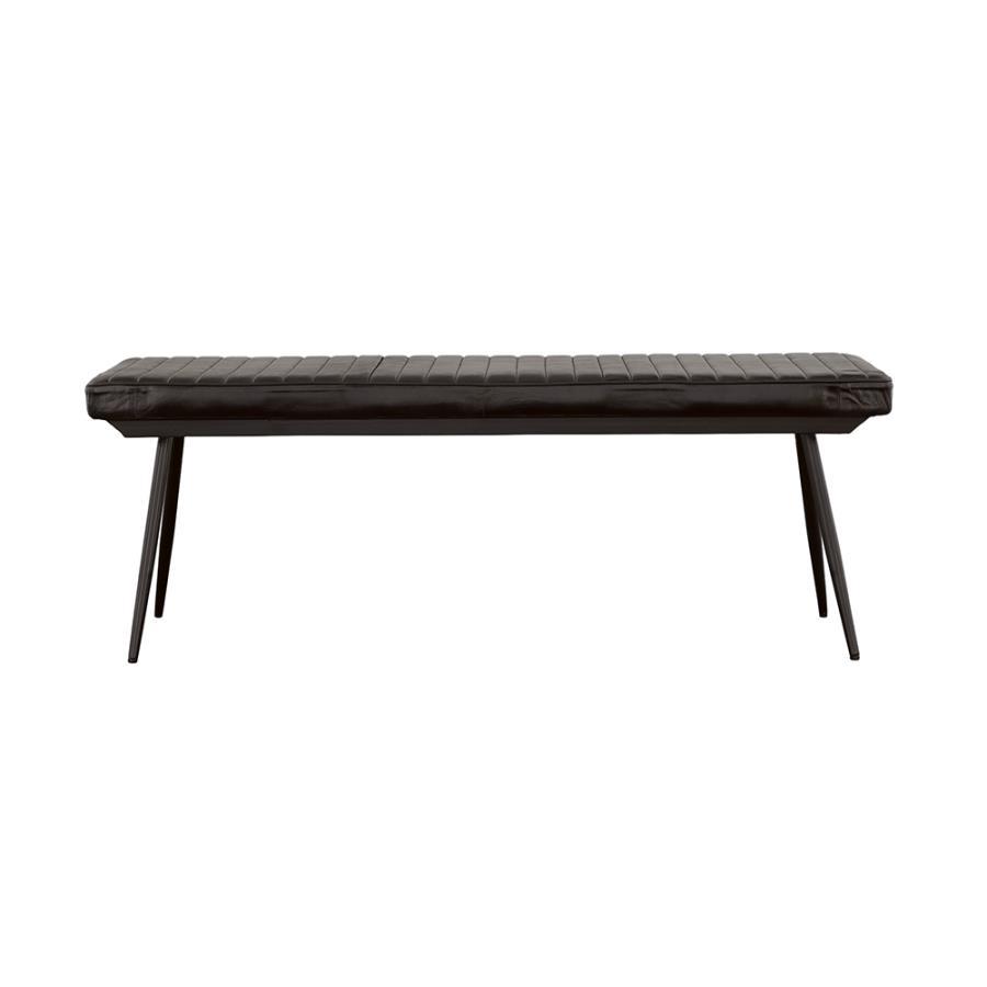 Blending rustic charm with industrial appeal, this dining bench is a bold yet versatile seating option. Upholstered in hand-dyed genuine goat leather, the padded seat with vertical tufting offers both comfort and durability. The sleek black metal base, fe