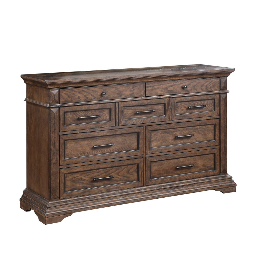 Discover the Mar Vista Dresser, a testament to craftsmanship and design. Constructed with solid Rubberwood and Oak veneers, this dresser promises durability and a robust presence in any room. The rich walnut finish, achieved through meticulous distressing