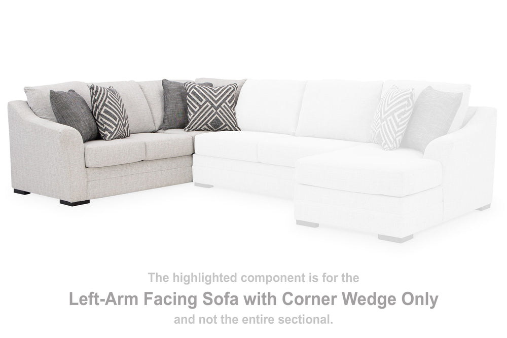 This left-arm facing sofa with corner wedge is made with Next-Gen Nuvellaâ„¢ (solution-dyed polyester) high-performance fabric. Pairs with other items in the series to make a sectional.<br><br><b>Additional Dimensions</b><br><ul><li>Arm height: 27-"</li><