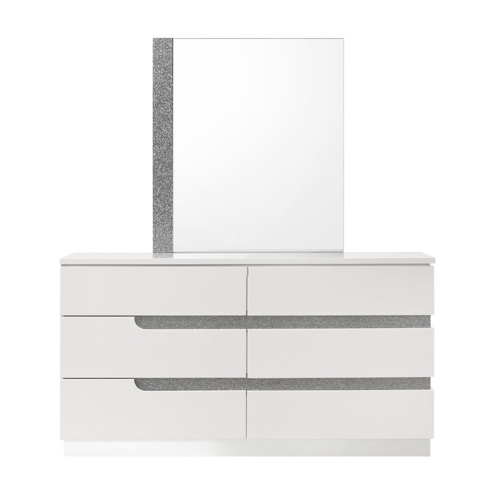 The Paradox Six Drawer Dresser in White combines contemporary appeal with robust functionality. Its gleaming white gloss laminate finish offers a sleek, modern look while providing the practical benefits of scratch and water resistance. Crafted from a com