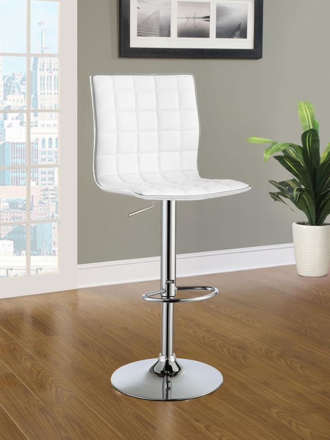 Gleaming chrome accentuates the clean, modern silhouette of this adjustable barstool. Its armless seat boasts a full back with waffle texturing created with intersecting lines for a dimensional look. Delivering appealing comfort, the barstool includes a h