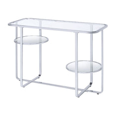 KD, Rectangular Sofa Table â€¢ Storage: Open Compartment (1 Mirrored Shelf, Fixed) â€¢ Features: Glass Top, Mirrored Shelf, Metal Sled Base (Open Base) â€¢â€¢ CONSTRUCTION â€¢â€¢ TOP) GLASS: 5mm (NO Apron) â€¢ SHELF) Mirrored () â€¢ BASE) Metal Sled: Chro