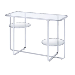 KD, Rectangular Sofa Table â€¢ Storage: Open Compartment (1 Mirrored Shelf, Fixed) â€¢ Features: Glass Top, Mirrored Shelf, Metal Sled Base (Open Base) â€¢â€¢ CONSTRUCTION â€¢â€¢ TOP) GLASS: 5mm (NO Apron) â€¢ SHELF) Mirrored () â€¢ BASE) Metal Sled: Chro