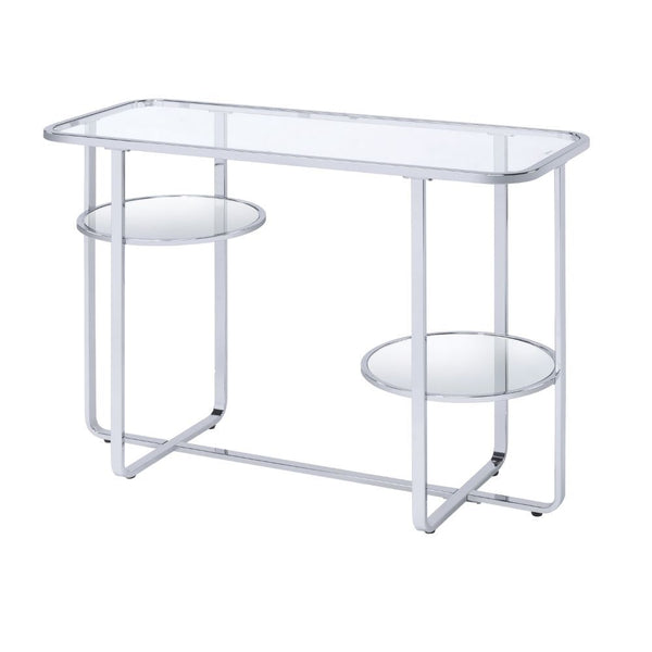 KD, Rectangular Sofa Table â€¢ Storage: Open Compartment (1 Mirrored Shelf, Fixed) â€¢ Features: Glass Top, Mirrored Shelf, Metal Sled Base (Open Base) â€¢â€¢ CONSTRUCTION â€¢â€¢ TOP) GLASS: 5mm (NO Apron) â€¢ SHELF) Mirrored () â€¢ BASE) Metal Sled: Chro