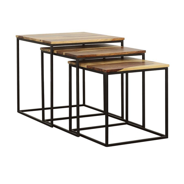 Enhance your space with this three-piece nesting table set, offering both convenience and modern rustic charm. The solid sheesham wood tabletops showcase natural wood grain variations, adding organic warmth and depth to any room. Designed with sleek black