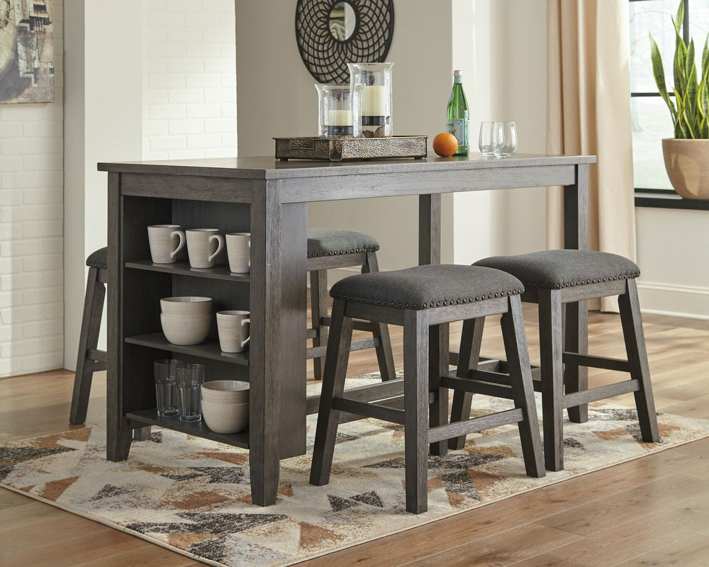 Perfect portion. Striking a simply chic pose, this dining room counter table serves up high style on a smaller scale. Its antiqued gray wash finish gives the clean-lined design a casually cool sensibility. Side shelves cleverly balance form and function.<