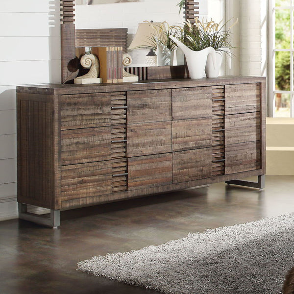 The Andria six Drawer Dresser features a stacked wood construction with a reclaimed oak finish. Metal legs help reflect the straight style lines of this piece while adding a little bit of industrial flair.<br/><br/><b>Product Features</b><ul><li>6 Drw</li