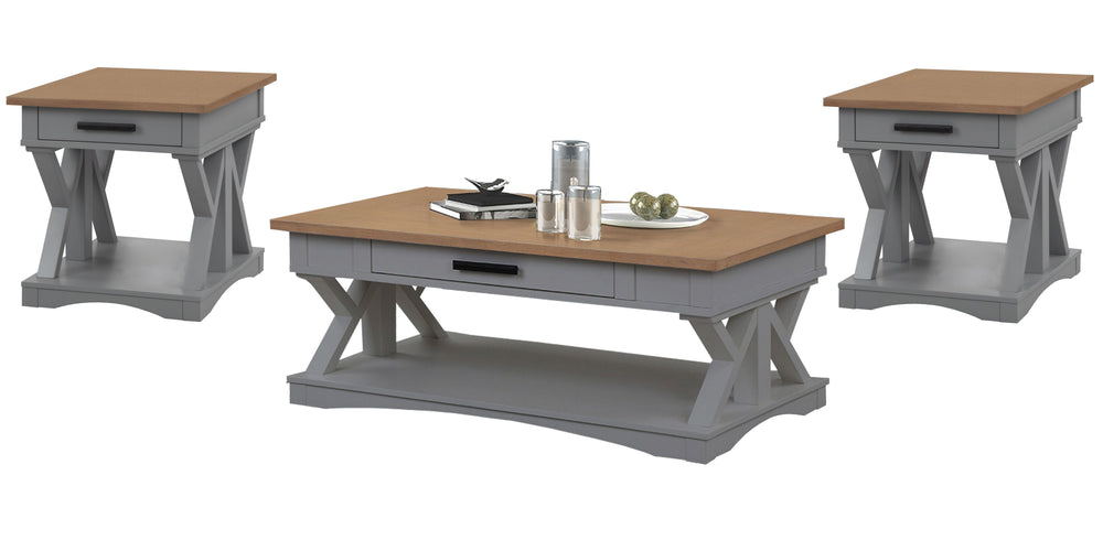 Destined to be the heart of any conversation area, the Americana Modern Cocktail Table is a must-have. Crafted in a versatile Dove grey finish, it features a contrasting wood-grain top in Weathered Natural. A lower open area is perfect for storage and dis