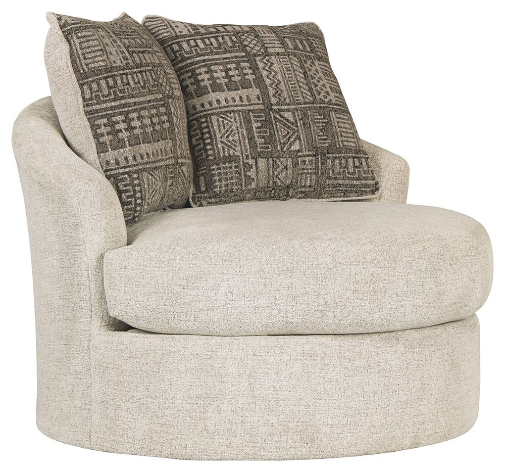 Flaunting a trendsetting silhouette, this swivel accent chair puts the contemporary in your contemporary home. Its 360-degree swivel gives you an around-the-room view to complement your comfort. And the chunky chenille fabric satisfies your need for a pie