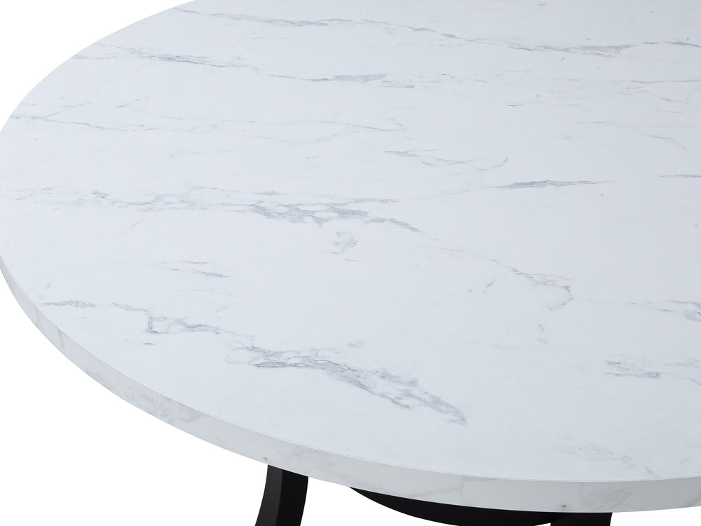 This dining group is the perfect blend of modern elegance and functionality. The sleek round tabletop with a marble-like finish offers a chic and refined aesthetic, while the bold black legs provide a striking contrast, adding visual interest to your dini