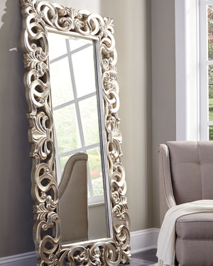 this floor mirror is a splendid accent. Antique silver finish brings life to the ornate scroll design.<br><br><b>Additional Dimensions</b><br><ul><li>Inner mirror: 0-"</li></ul><br/><br/><b>Product Features</b><u